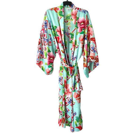 Natori Star Blossom Belted Robe Private Luxuries Size large Blue Pink - Picture 2 of 10